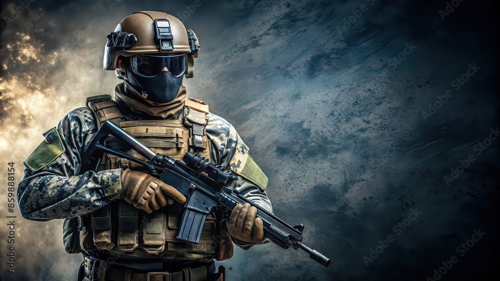 Naklejka premium Modern marine counter-strike combat equipment , camouflage, tactical gear, weapons, military, armor, gloves, boots, helmet, ammunition, rifle, scope, night vision, communication device