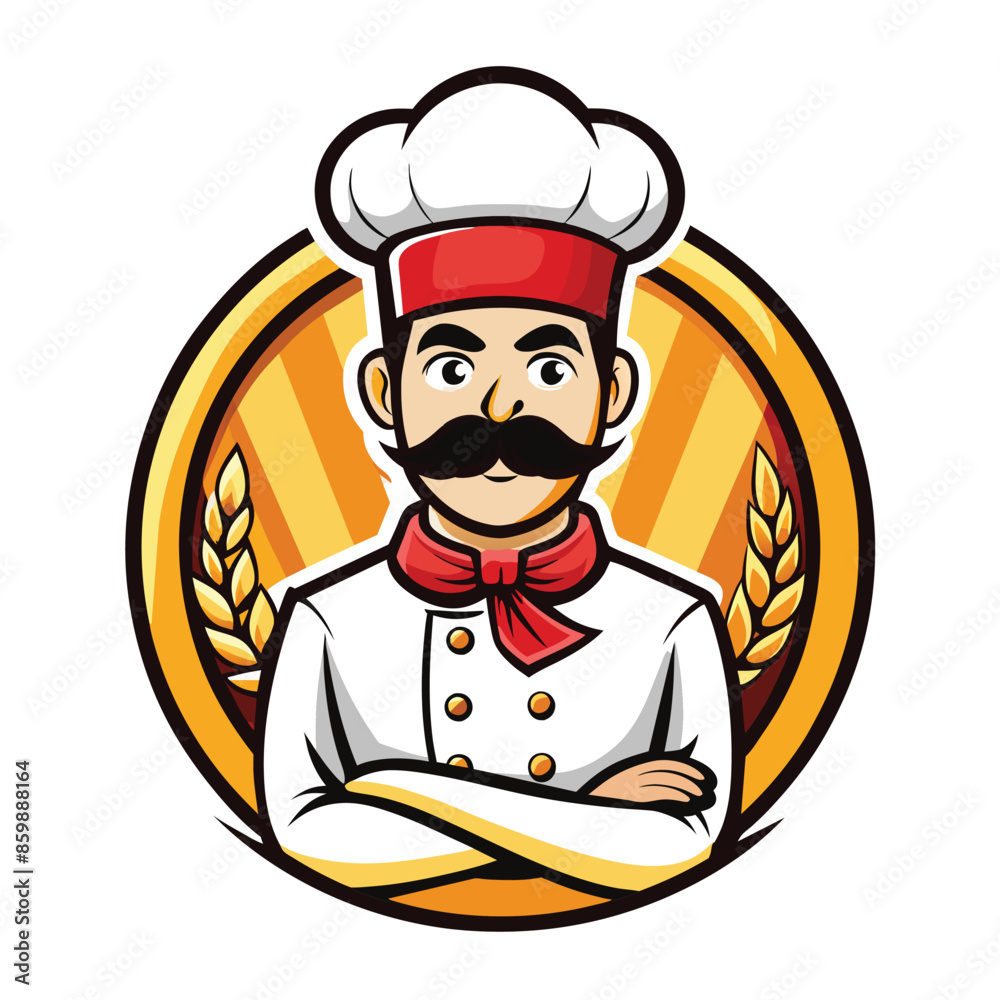 Illustration of a smiling chef with a mustache, wearing a white chef jacket, red neckerchief, and a white chef hat inside of a circle with a wheat design. Illustration of a smiling chef with a mustache, wearing a white chef jacket, red neckerchief, and a white chef hat inside of a circle with a wheat design.