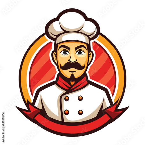 A cartoon chef with a moustache and a white chef hat is pictured in a red circle logo with a red ribbon.
