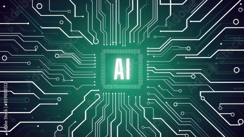 Futuristic AI microchip surrounded by intricate circuit board lines representing advanced artificial intelligence technology.