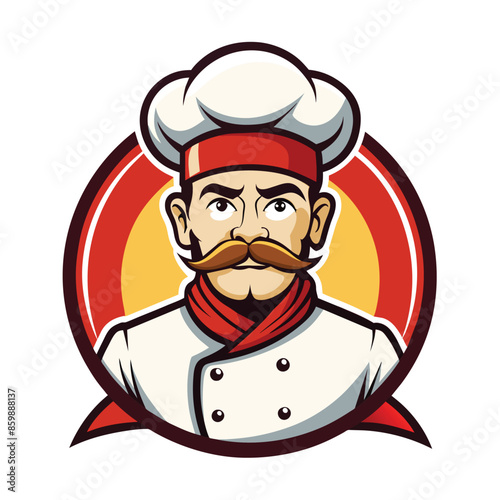 Cartoon chef in white hat, red bandana, white coat with black buttons, looking straight ahead with serious expression, in circular red frame with yellow inner circle.