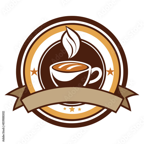 A logo featuring a steaming cup of coffee in a brown and gold circle with stars.