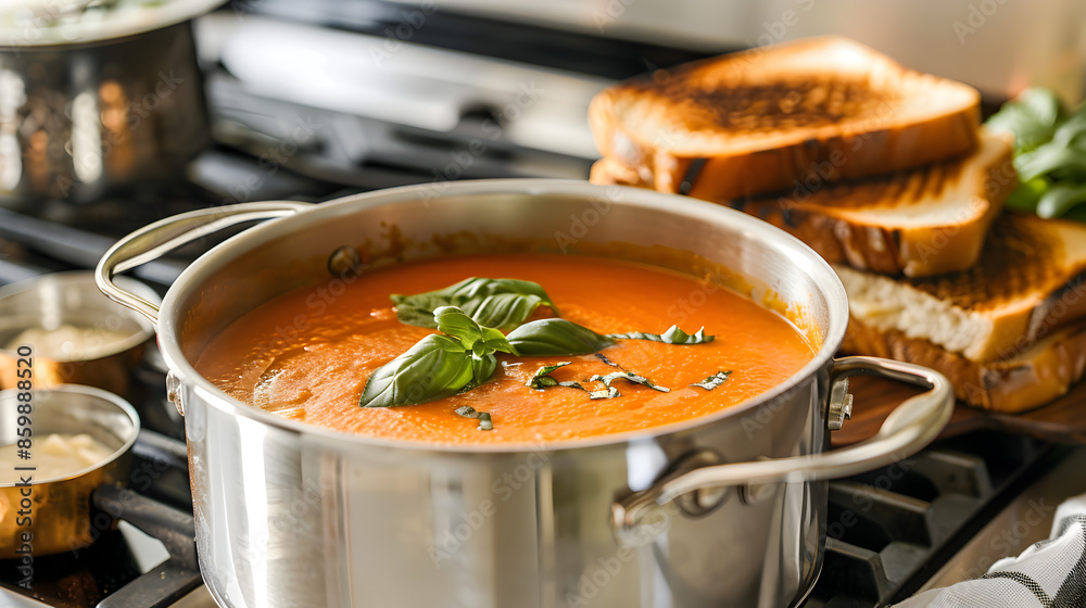 Pot Of Homemade Tomato Basil Soup And Toasted Bread Pot Of Homemade Tomato Basil Soup And Toasted Bread