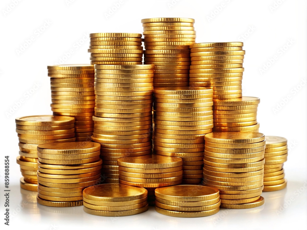 A lot of stacking gold coins on white background A lot of stacking gold coins on white background