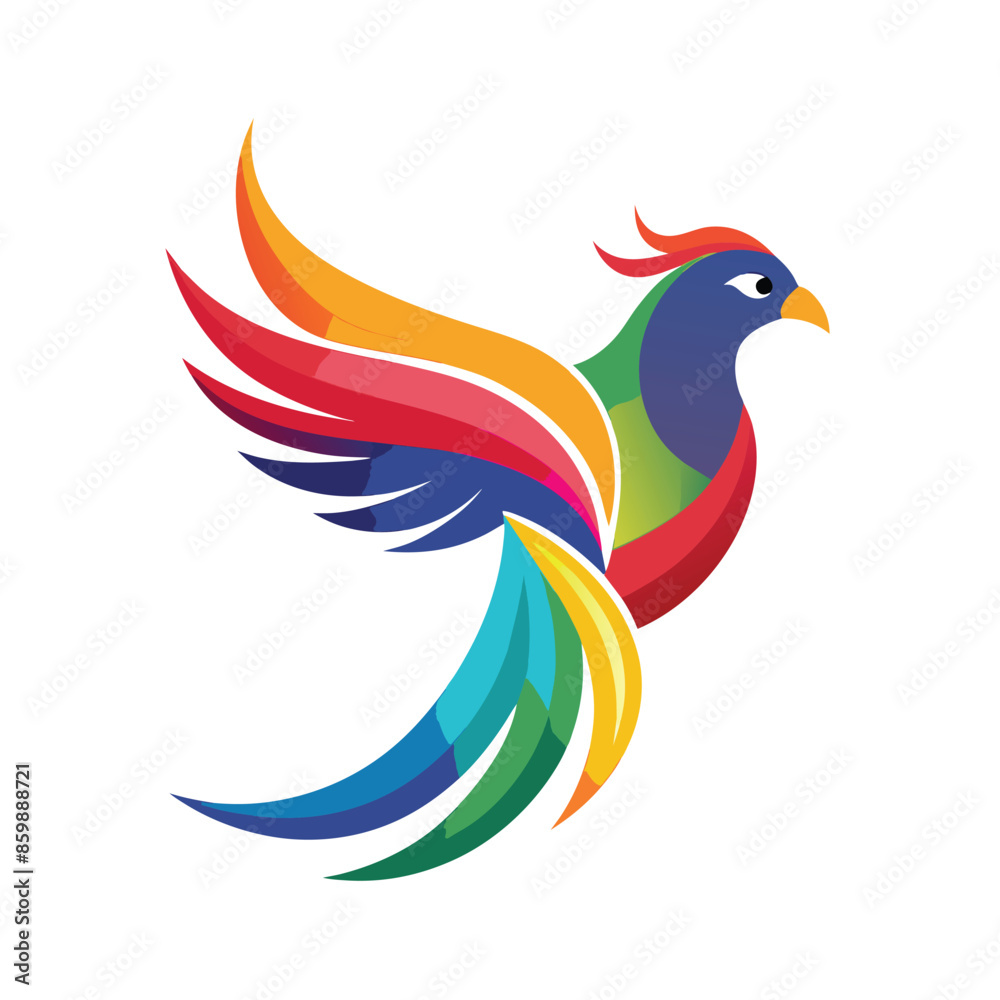 Obraz premium A colorful logo design featuring a stylized bird in flight with outstretched wings and a long, flowing tail. The bird is a vibrant mix of red, orange, yellow, green, blue, and purple.