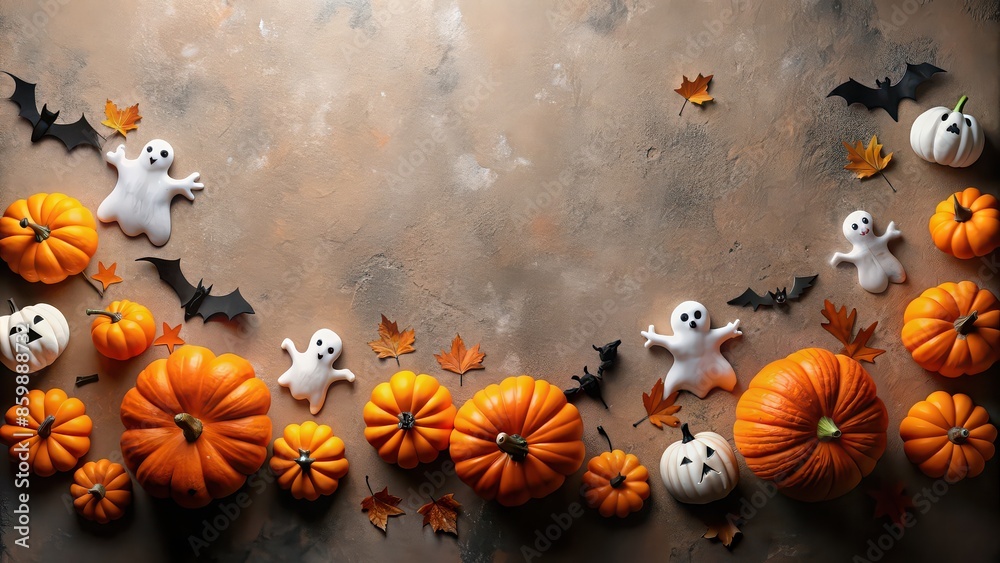 Halloween decorations featuring pumpkins, ghosts, and bats in a tone on tone background, Halloween, decorations, pumpkins, ghosts, bats, tone on tone, spooky, holiday, seasonal, autumn Halloween decorations featuring pumpkins, ghosts, and bats in a tone on tone background, Halloween, decorations, pumpkins, ghosts, bats, tone on tone, spooky, holiday, seasonal, autumn