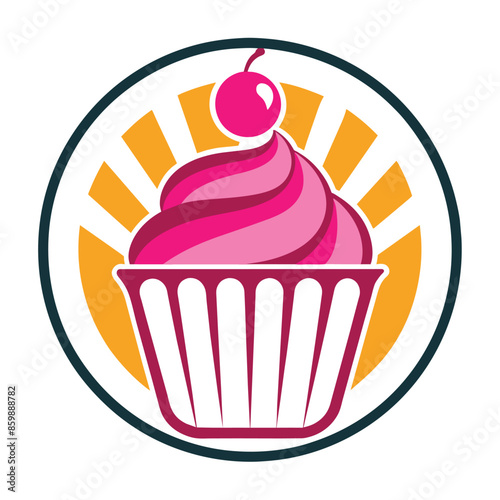 A pink cherry cupcake logo design set within a circle with a sunburst design behind it.