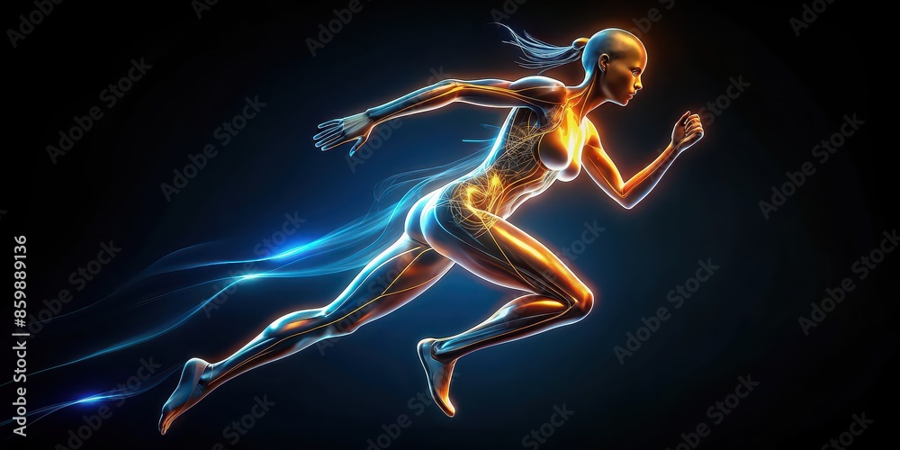 Abstract elegant modern of a running woman's trajectory afterimage on black background , motion, movement, speed, agility, dynamic, futuristic, energy, sporty, athleticism, abstract Abstract elegant modern of a running woman's trajectory afterimage on black background , motion, movement, speed, agility, dynamic, futuristic, energy, sporty, athleticism, abstract