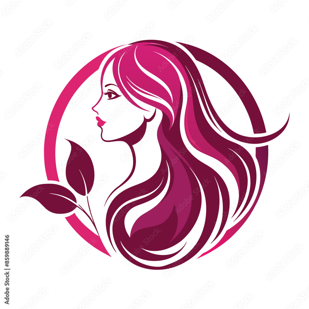 A profile illustration of a woman with long pink hair flowing behind her, set in a circle with leaves emerging from the bottom.