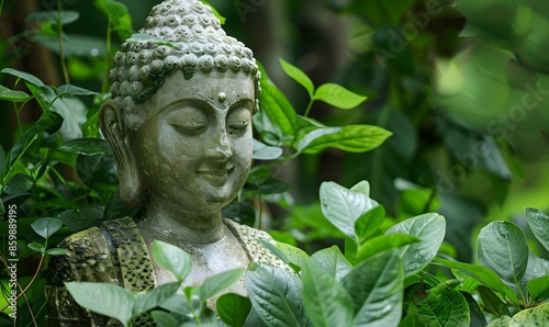 Serene Buddha Statue Amidst Lush Foliage, Generative AI