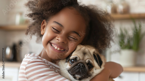 Adorable African American girl smiling and hugging her Pug dog in a modern white home.