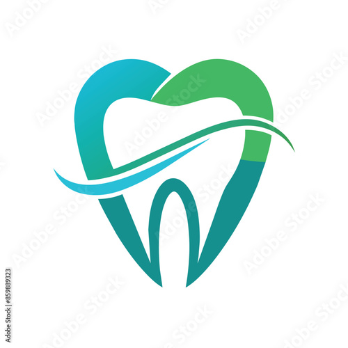 This image showcases a unique logo design featuring a white tooth within a heart shape, formed by a green and blue gradient. A blue wave design flows around the tooth.
