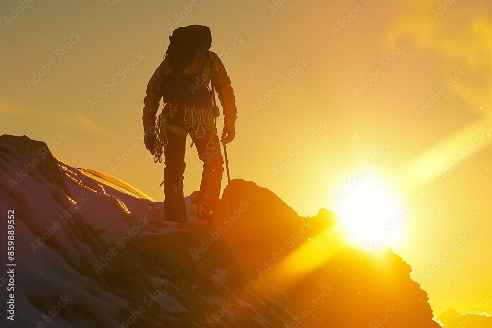 Naklejka premium Triumphant Hiker Standing on Mountain Summit at Sunrise, Gazing into the Horizon