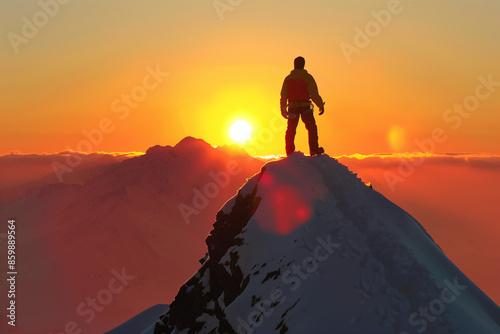 Triumphant Hiker Standing on Mountain Summit at Sunrise, Gazing into the Horizon