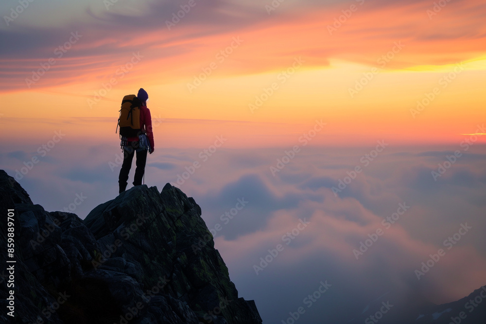 Triumphant Hiker Standing on Mountain Summit at Sunrise, Gazing into the Horizon Triumphant Hiker Standing on Mountain Summit at Sunrise, Gazing into the Horizon