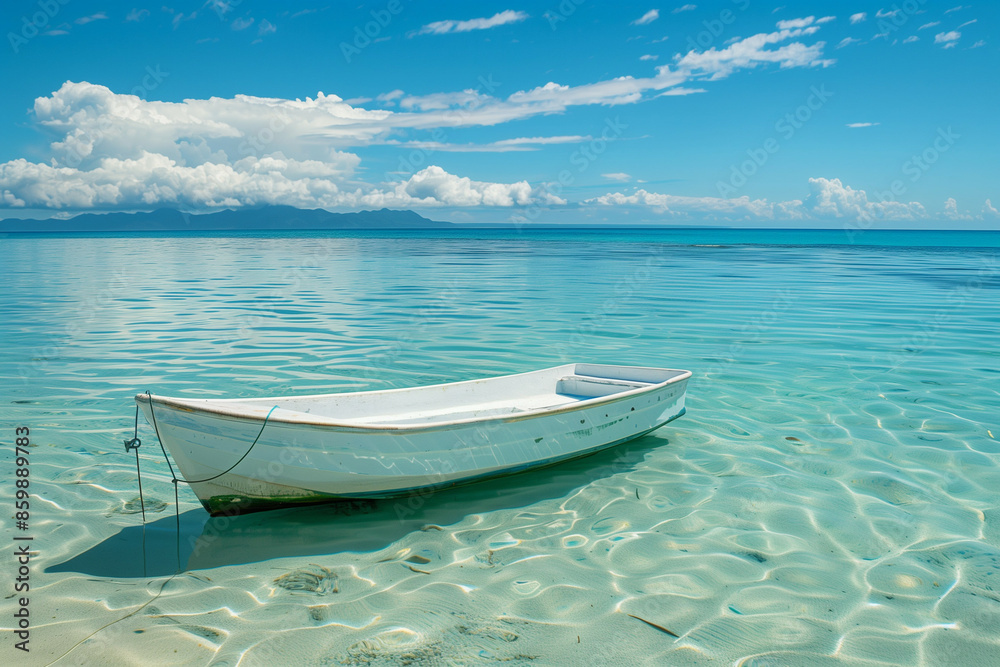 Naklejka premium A Serene Seascape Featuring a Solitary White Boat Anchored on the Crystal Clear Waters of a Tropical Beach with Distant Mountains and Fluffy Clouds in the Blue Sky