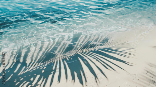 Sunny Tropical Beach with Palm Tree Leaf Shadow Reflecting on Sandy Beach and Clear Crystal Blue Water