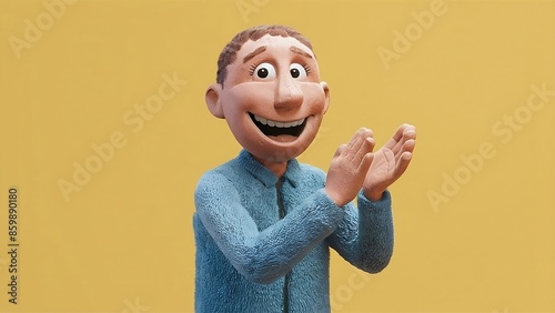 On a yellow background a smiling human cartoon character applauding
