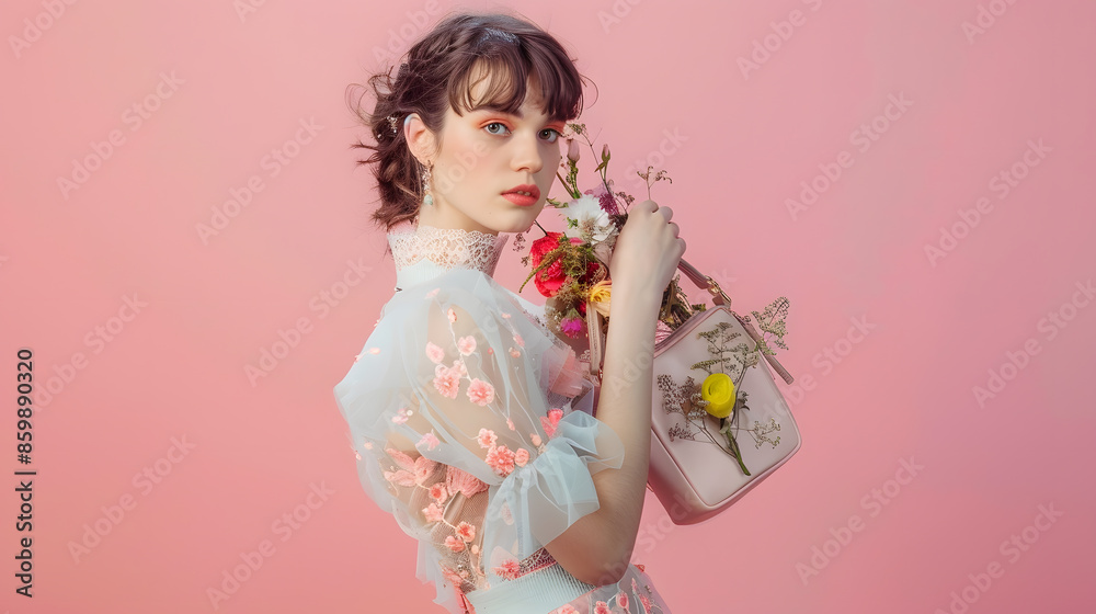 Fashion photo of a beautiful elegant young woman in a pretty dress with flowers holding handbag posing over pink background Fashion spring summer photo : Generative AI Fashion photo of a beautiful elegant young woman in a pretty dress with flowers holding handbag posing over pink background Fashion spring summer photo : Generative AI