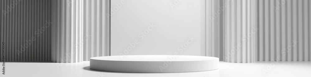 Fototapeta premium Pure White 3D Product Display Platform with Gold Base on a Light Background, Featuring Abstract Geometric Design and Minimalist Rendering. Perfect for Studio Backdrops, National Shopping Promos, and H