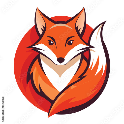 A cartoon illustration of a red fox with a white chest and tail tip, facing the viewer with a neutral expression, surrounded by an orange circular background.