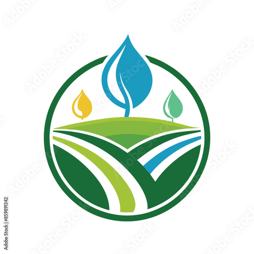 A circular logo with green fields, three trees, and water drops. The design is minimalist and modern.