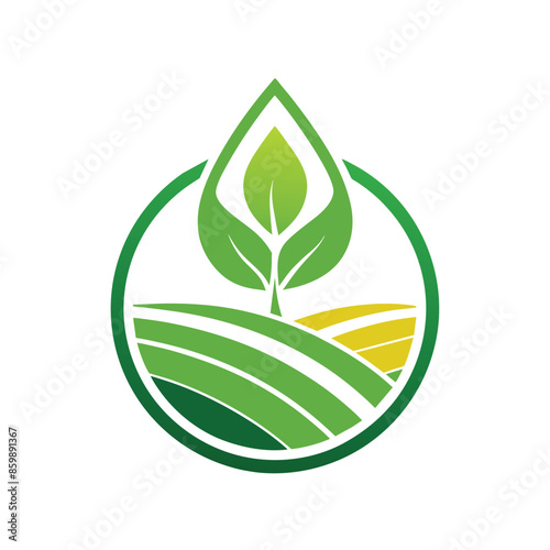 Circular design with green leaf, central stem, rolling green hills, and yellow stripe evokes nature and outdoors.