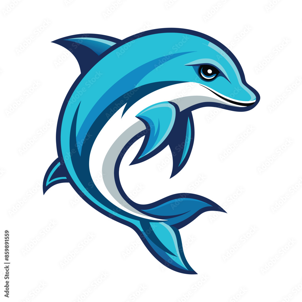 Obraz premium A cartoon blue dolphin jumping out of the water with its mouth open, ready to leap forward. The dolphin has a white belly and is outlined in black.