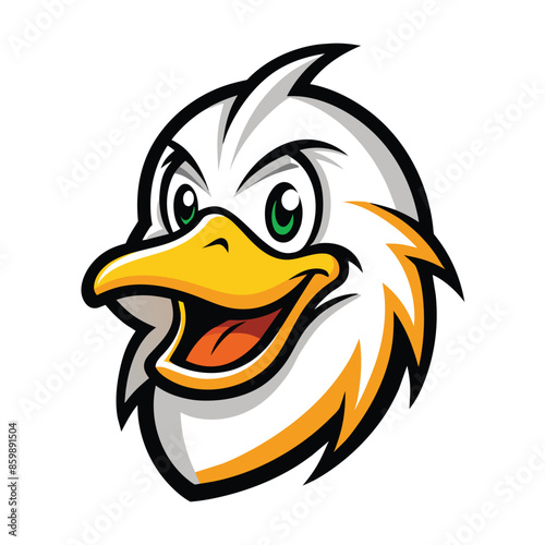 A cartoon duck head mascot with green eyes and a big smile. The duck is facing the viewer with its beak open and its tongue sticking out.