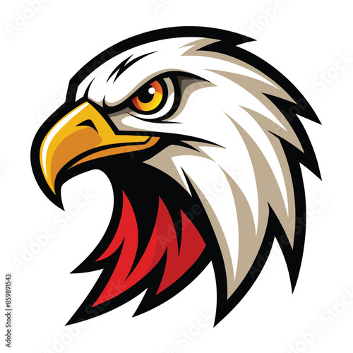 An illustration of a Bald Eagles head with an open beak and an intense gaze. The eagles feathers are detailed and the colors are vibrant.