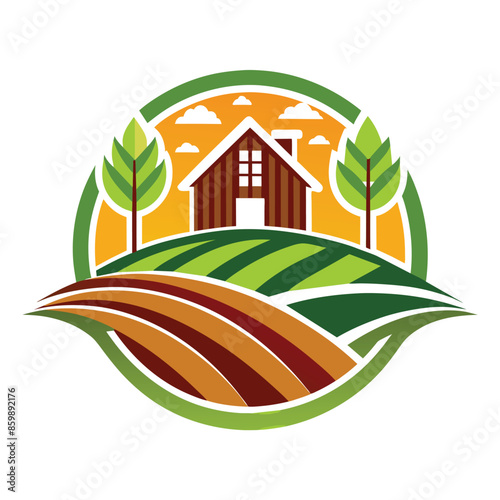 A cartoon illustration featuring a farmhouse nestled in rolling green hills. The sun is setting in the background, casting an orange glow over the scene.