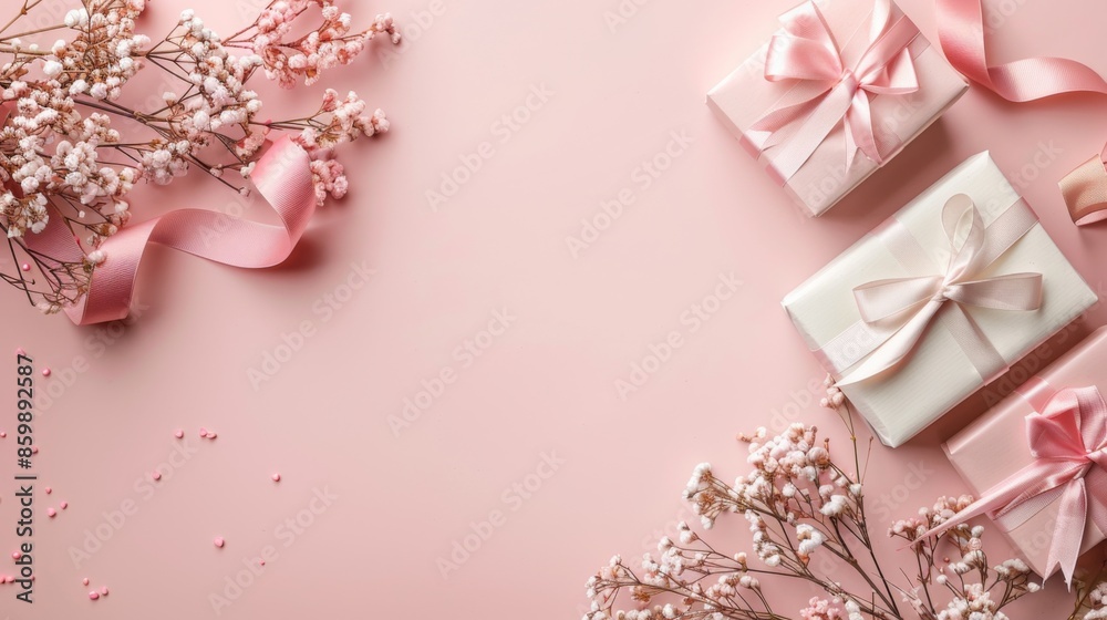 Elegant pastel pink background with gift boxes, delicate flowers, and ribbons. Perfect for celebrations, events, or romantic themes.