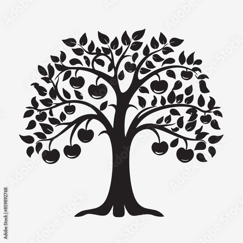 black silhouette of a apple tree isolated white background