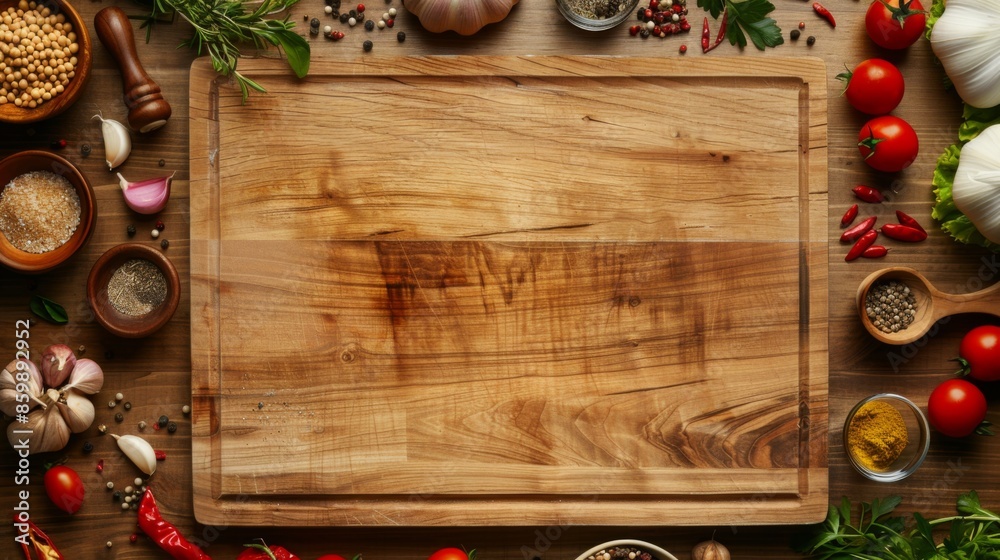 Wooden cutting board surrounded by fresh vegetables and spices, ready for cooking preparations in a rustic kitchen setting. Wooden cutting board surrounded by fresh vegetables and spices, ready for cooking preparations in a rustic kitchen setting.