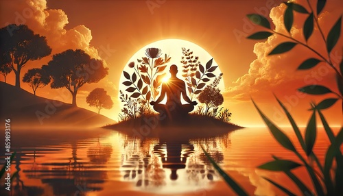 Wallpaper Mural Sunset mindfulness scene with a contemplative silhouette melding with nature. The figure is sitting in a meditative pose Torontodigital.ca