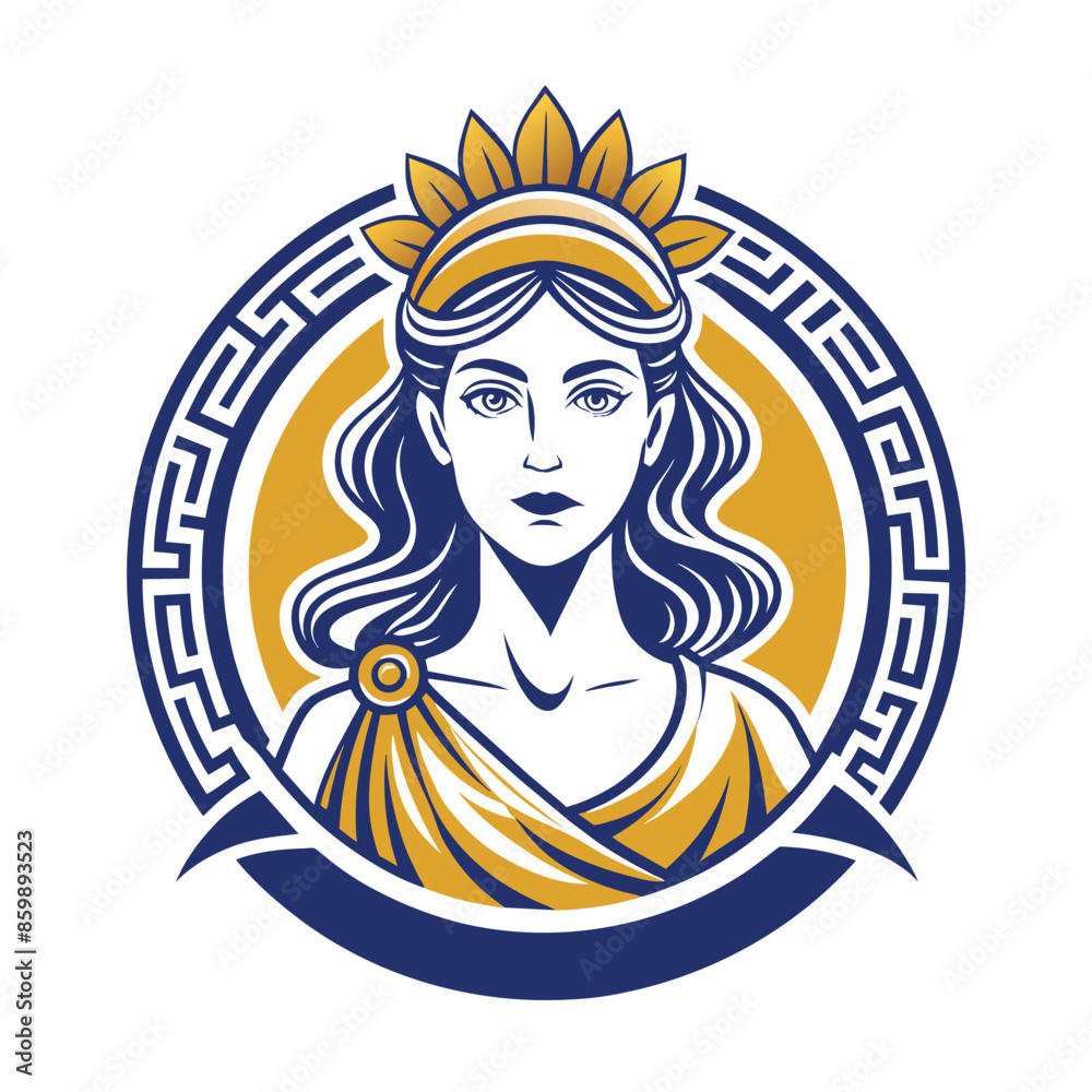 A stylized illustration of a Greek goddess with a crown and a traditional meander border. A stylized illustration of a Greek goddess with a crown and a traditional meander border.