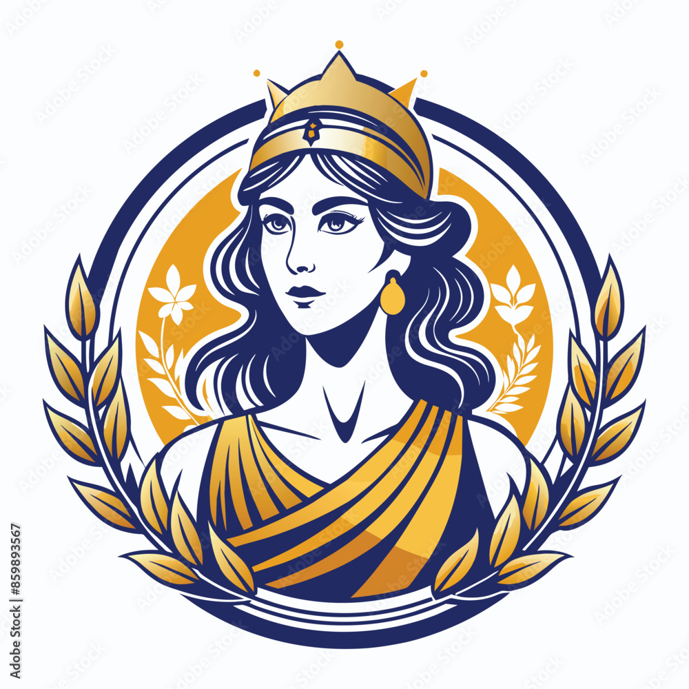 Digital illustration of a woman with long, dark hair wearing a golden crown and dress, surrounded by a wreath of golden leaves and flowers in a circular frame with a blue border.