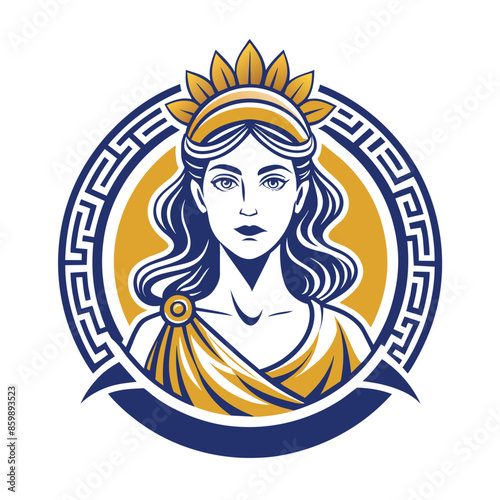 A stylized illustration of a Greek goddess with a crown and a traditional meander border.