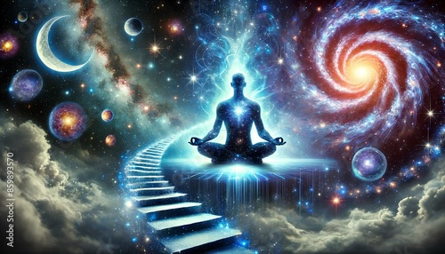 Spiritual awakening in the cosmic expanse. An astral human form is depicted in a meditative pose against a cosmic backdrop