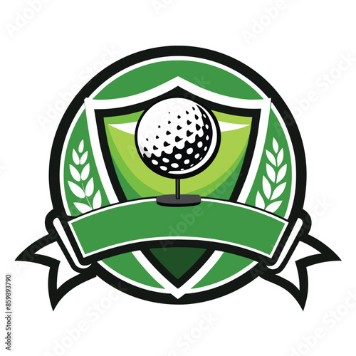 Green circle logo with black outline, white shield with golf ball on green background, flanked by white wheat stalks. White banner at bottom.