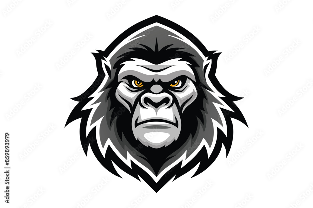 A black and white illustration of a gorilla mascot head with a fierce expression. A black and white illustration of a gorilla mascot head with a fierce expression.