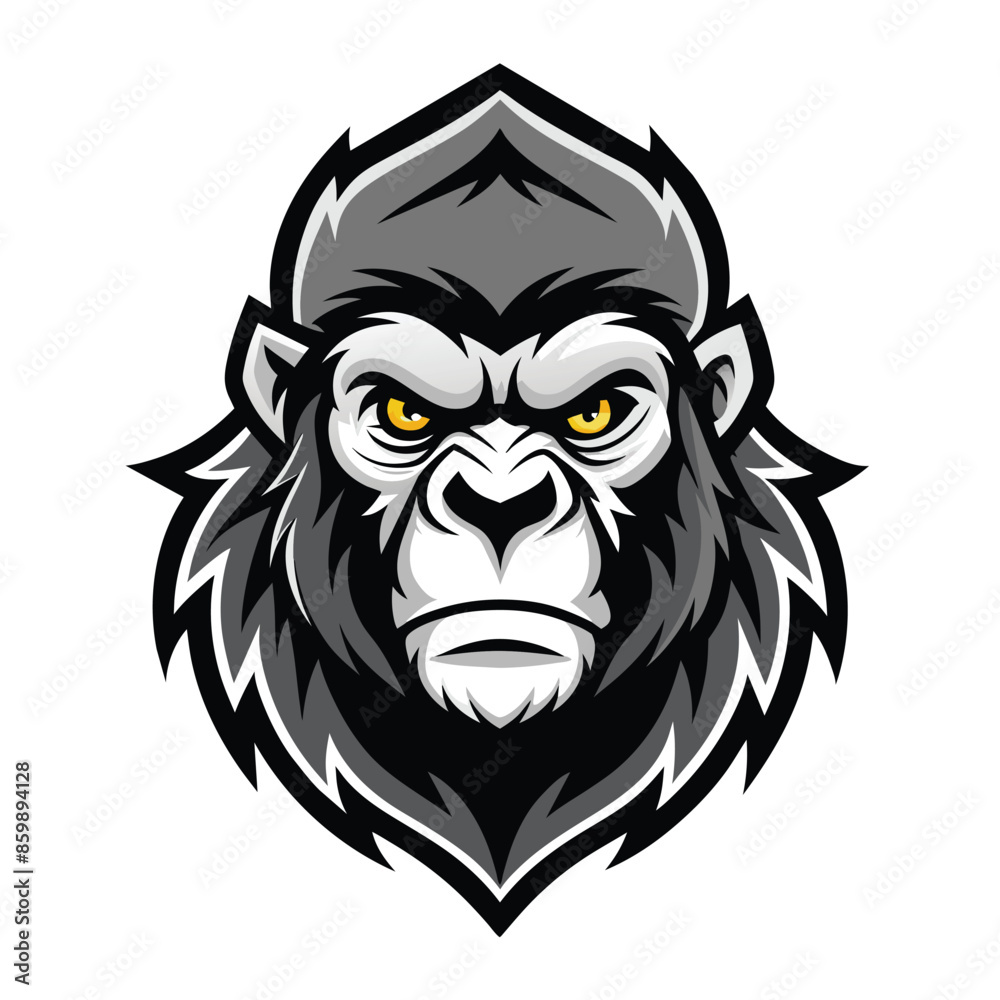 A close-up illustration of an angry gorilla mascot head with yellow eyes and a serious expression.