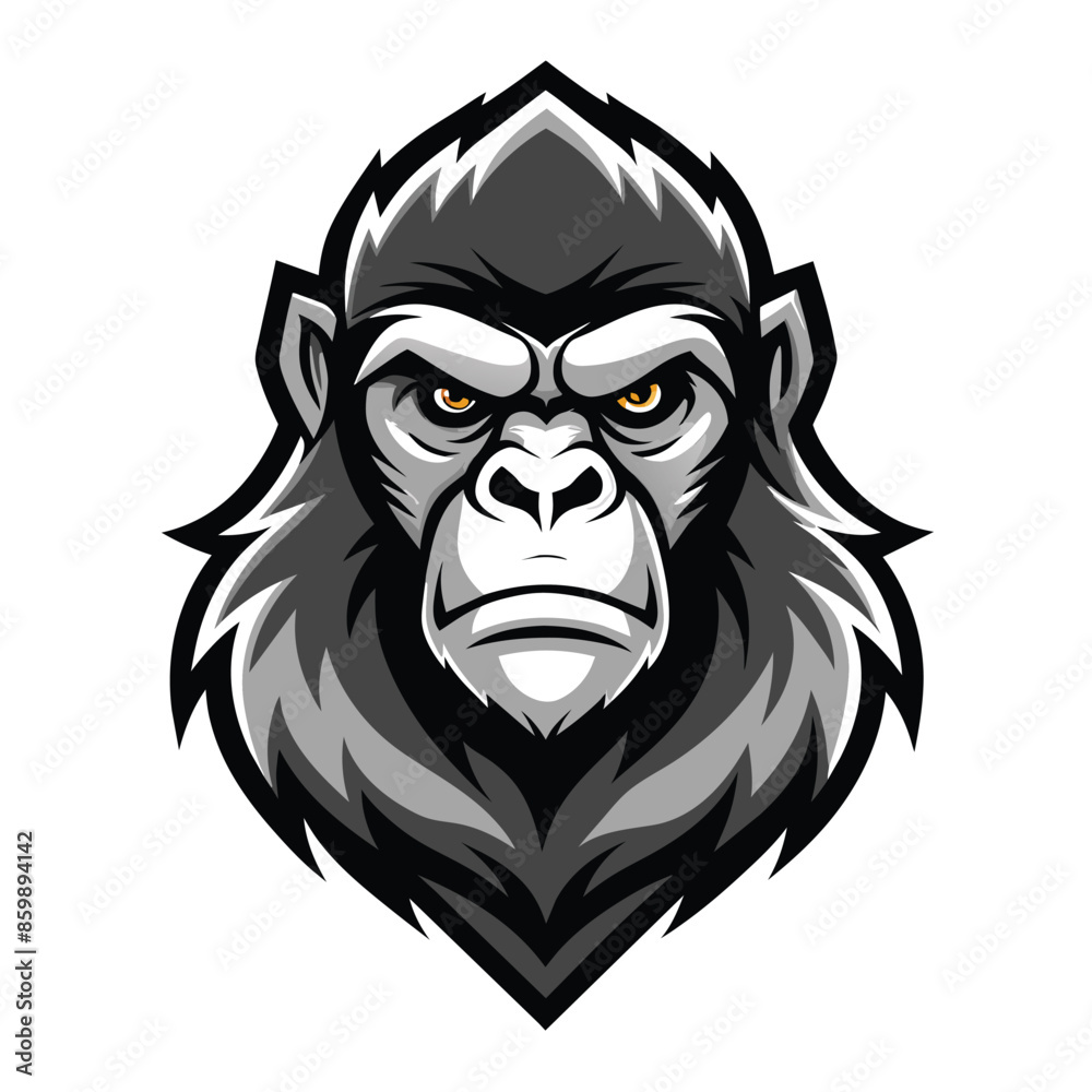 A fierce gorilla mascot head illustration with a serious expression and yellow eyes. A fierce gorilla mascot head illustration with a serious expression and yellow eyes.