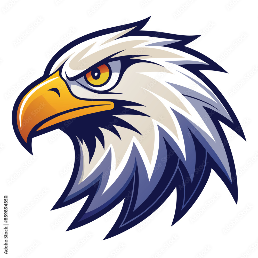 A cartoon illustration of an eagle head facing the left side. The eagles head is white with blue feathers, and its beak is yellow. The eagles eye is orange and looks intense. A cartoon illustration of an eagle head facing the left side. The eagles head is white with blue feathers, and its beak is yellow. The eagles eye is orange and looks intense.