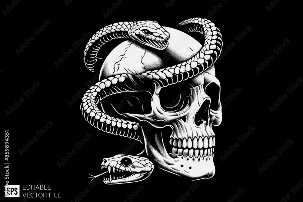 Skull head tied by snake vector illustration design