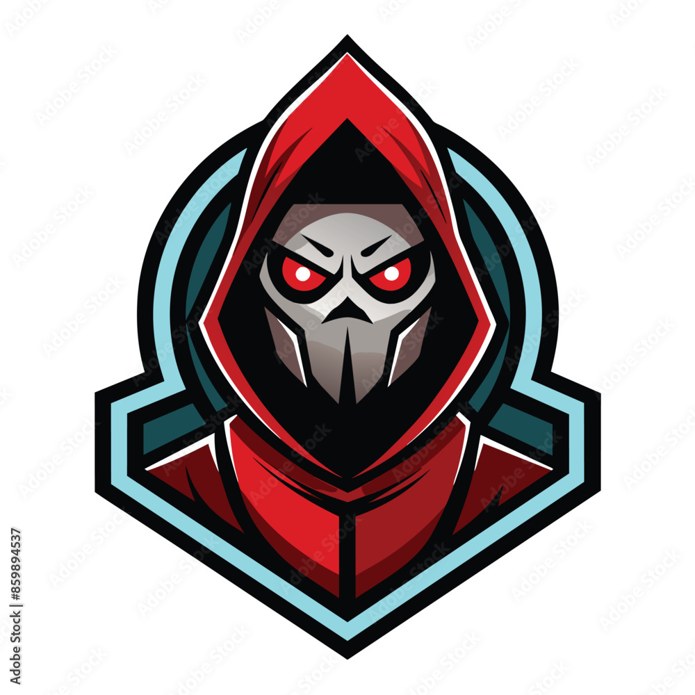A digital illustration of a red hooded skull logo with blue trim, set on a white background. The skull has red eyes and a white mask. A digital illustration of a red hooded skull logo with blue trim, set on a white background. The skull has red eyes and a white mask.