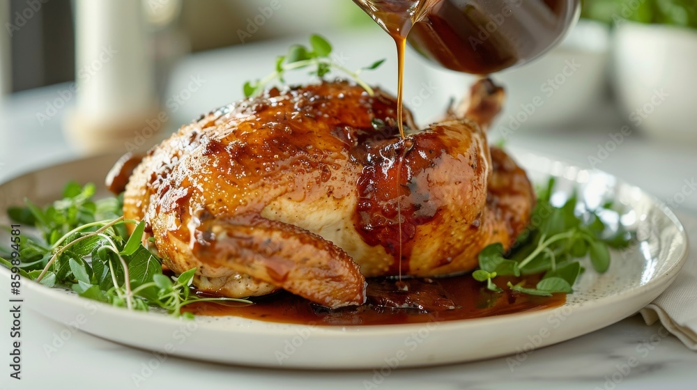Juicy roasted chicken with rich sauce on a white marble countertop, minimalist culinary delicacy Juicy roasted chicken with rich sauce on a white marble countertop, minimalist culinary delicacy