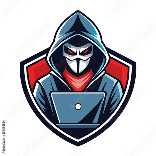 A digital security hacker logo featuring a hooded figure with a mask, using a laptop in front of a red and blue shield.