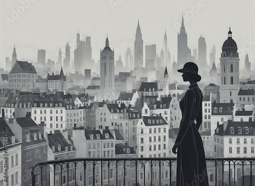 Monochrome Poster Art: A Silhouette of a Woman overlooking a City Skyline with the theme of 'women's rights' subtly woven throughout