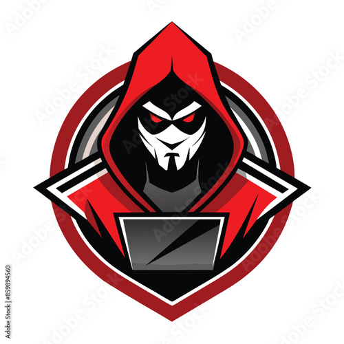 A red-hooded hacker with glowing red eyes stares intensely at the viewer from behind a laptop, all contained within a red circle. The image is a graphic design for a logo.